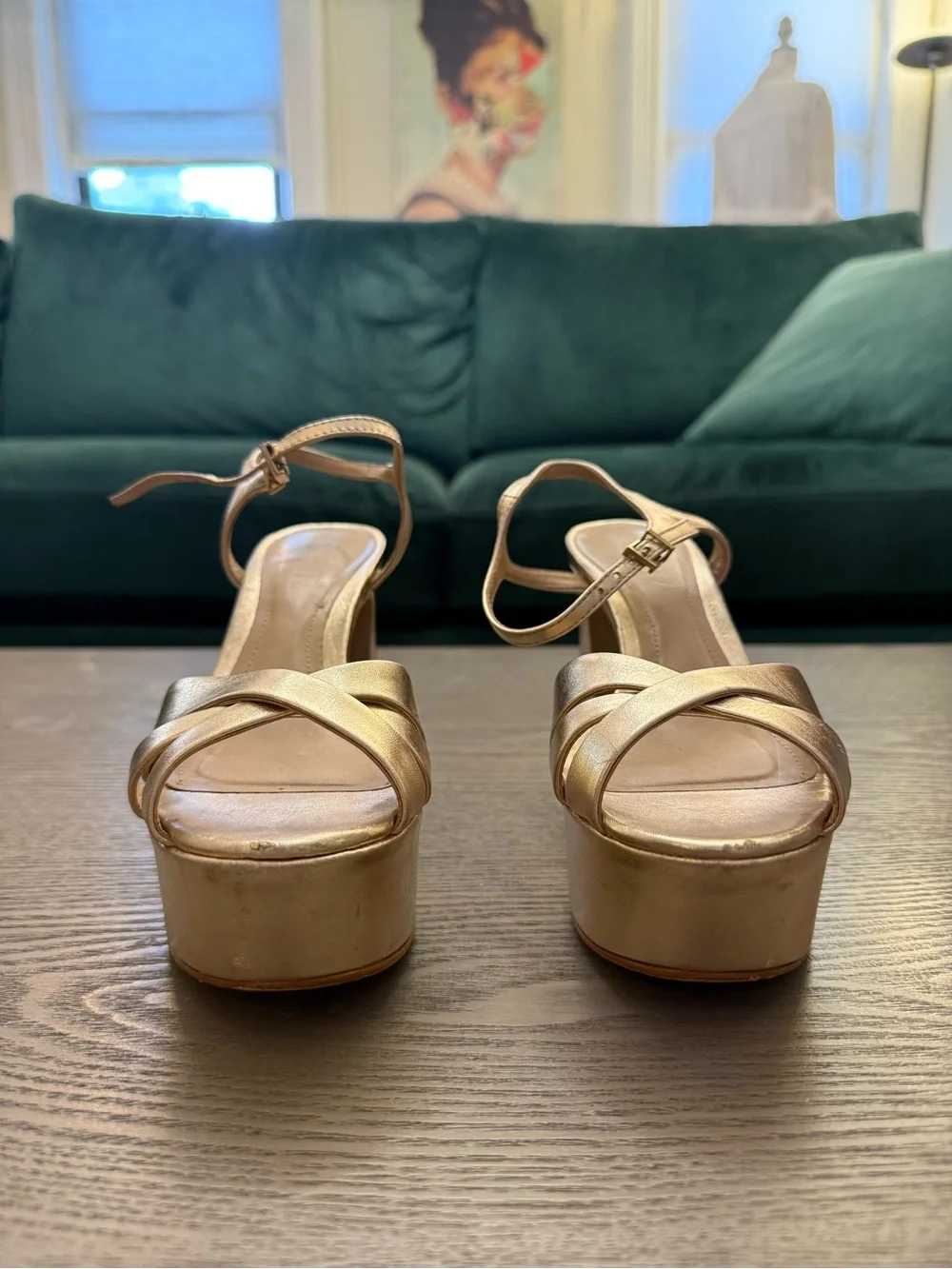 SCHUTZ Gold Satin Platform Block Heel Sandals